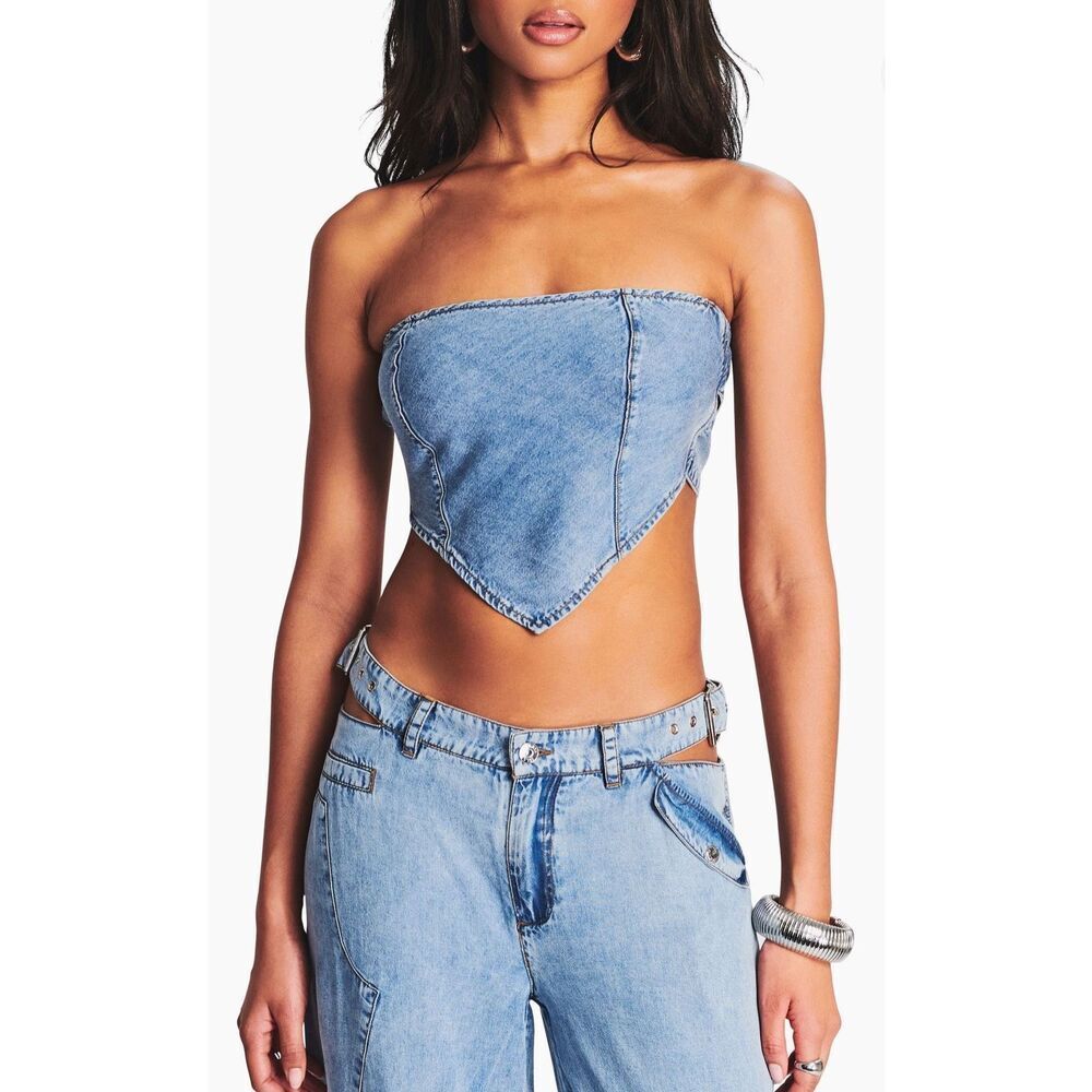 Revolve SER.O.YA Top Womens XXS Coastline Tate Cropped Denim Strapless Tie Back